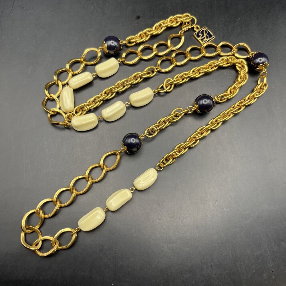 Estee Lauder Long Station Necklace Gold Tone Navy Blue Cream 44 Inch Vintage